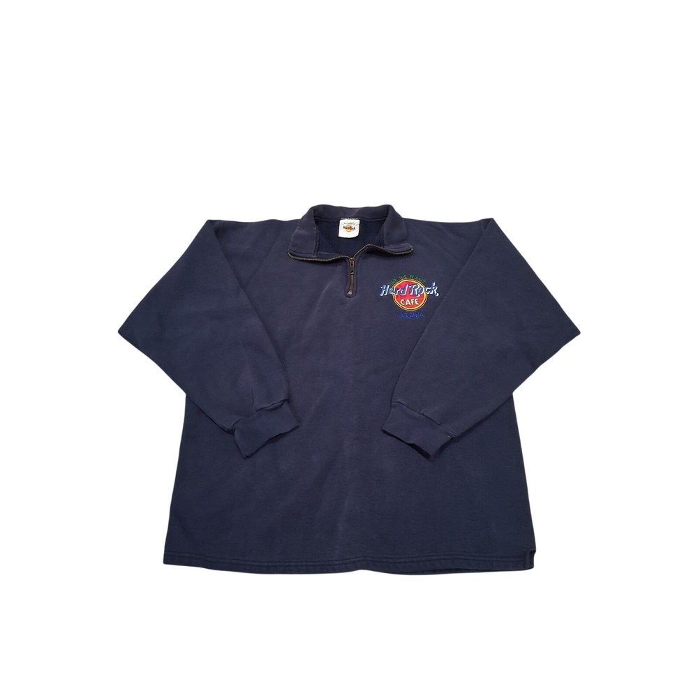 Hard Rock Cafe Atlanta Quarter Zip Sweatshirt Navy Blue Vintage Embroidered Med‎